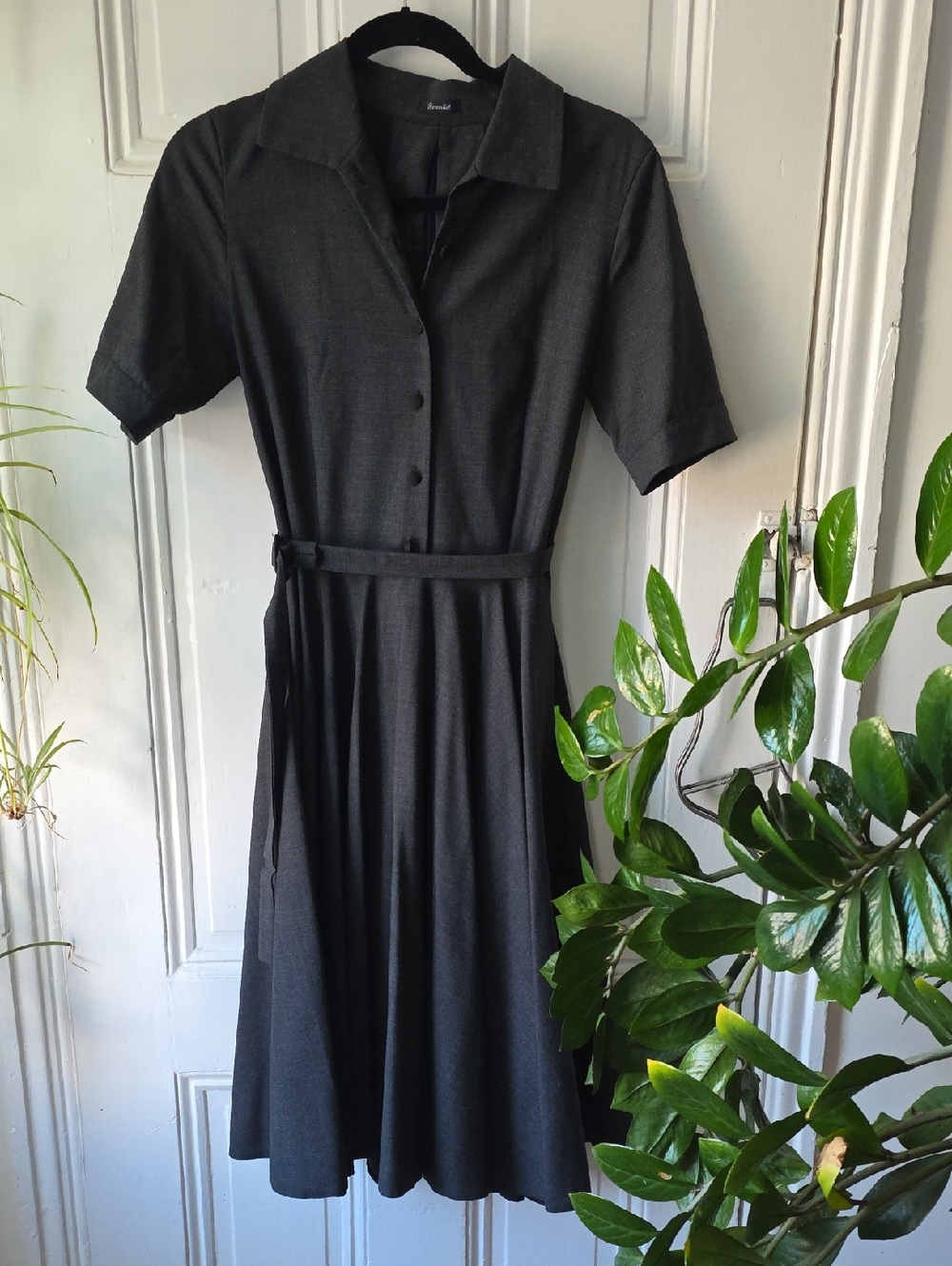 Women's Dark Gray Midi Shirt Dress with Belt